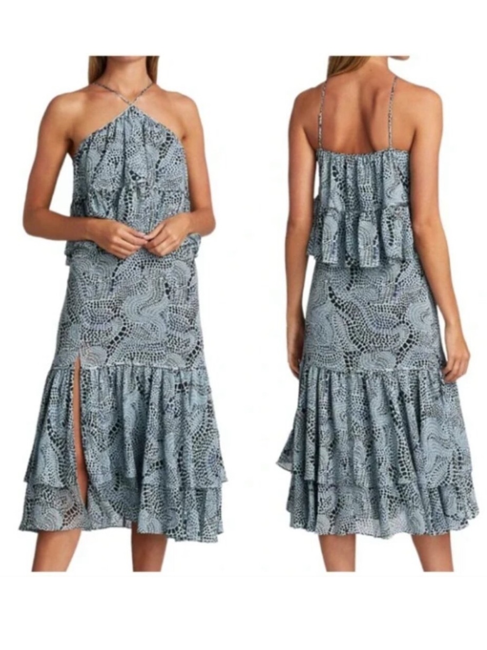 Cinq a Sept Colette Midi Dress Rain Cloud Mosaic Blue Tiered Ruffle Chiffon